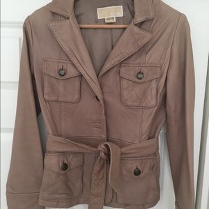 Michael Kors belted leather blazer camel tan new